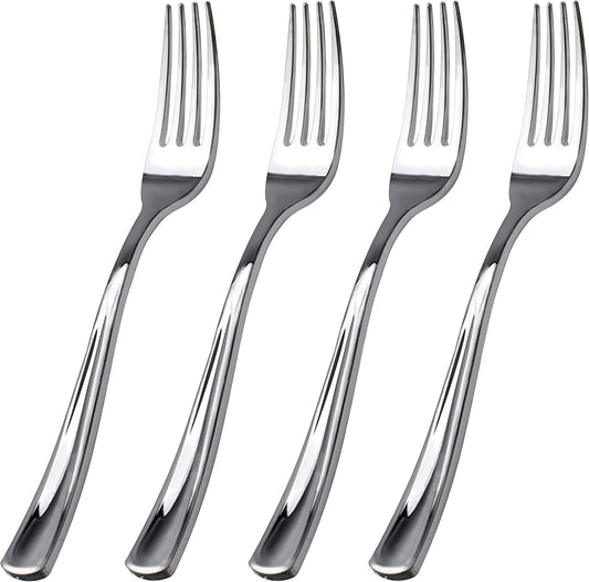 WDF 100 Piece Silver Plastic Forks - 7.4inch Silver Forks Disposable - Plastic Silverware for Dessert Cake - Heavy Duty Plastic Cutlery for Christmas Party or Daily Using