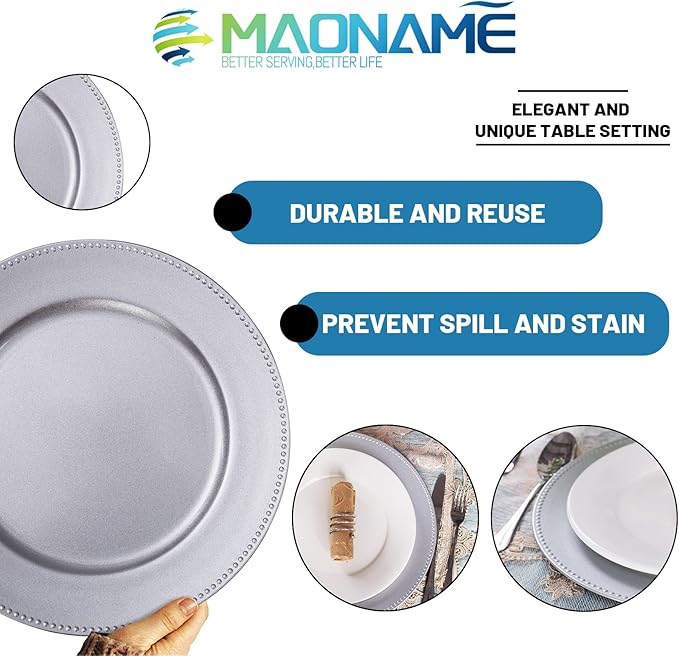 MAONAME Silver Charger Plates Set of 12, Round Dinner Chargers with Beaded, 13 Inch Plastic Plate Chargers for Wedding, Table Decor