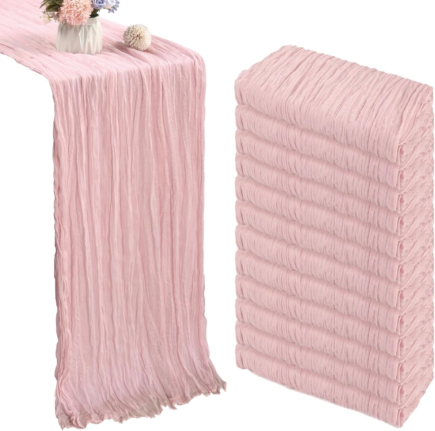 12 Pack 10FT Dusty Pink Cheesecloth Table Runner 35x120 Inch Gauze Rustic Boho Table Runner Cheese Cloth for Wedding Decor Birthday Party Bridal Baby Shower Table Centerpiece Decoration