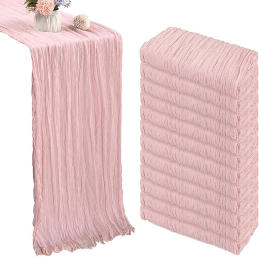 12 Pack 10FT Dusty Pink Cheesecloth Table Runner 35x120 Inch Gauze Rustic Boho Table Runner Cheese Cloth for Wedding Decor Birthday Party Bridal Baby Shower Table Centerpiece Decoration