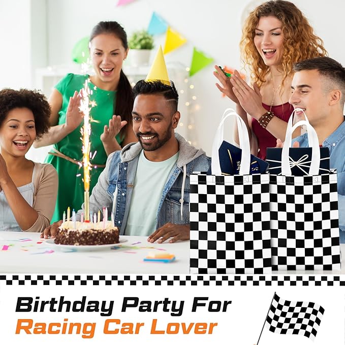 Supervitae 24 Pack Checkered Racing Gift Bags Race Car Party Favors Bag Black and White Reusable Totes Non Woven Candy Totes for Race Car Themed Birthday Party Supplies(9.8" x 7.9" x 3.9")