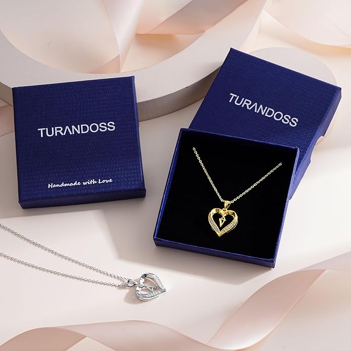 TURANDOSS Valentines Day Gifts for Kids Teen Girls - Heart Initial Necklaces, Dainty 14K Gold Plated CZ Heart Letter A-Z Pendant Necklace Trendy Jewelry Valentines Day Gifts for Wife Girlfriend