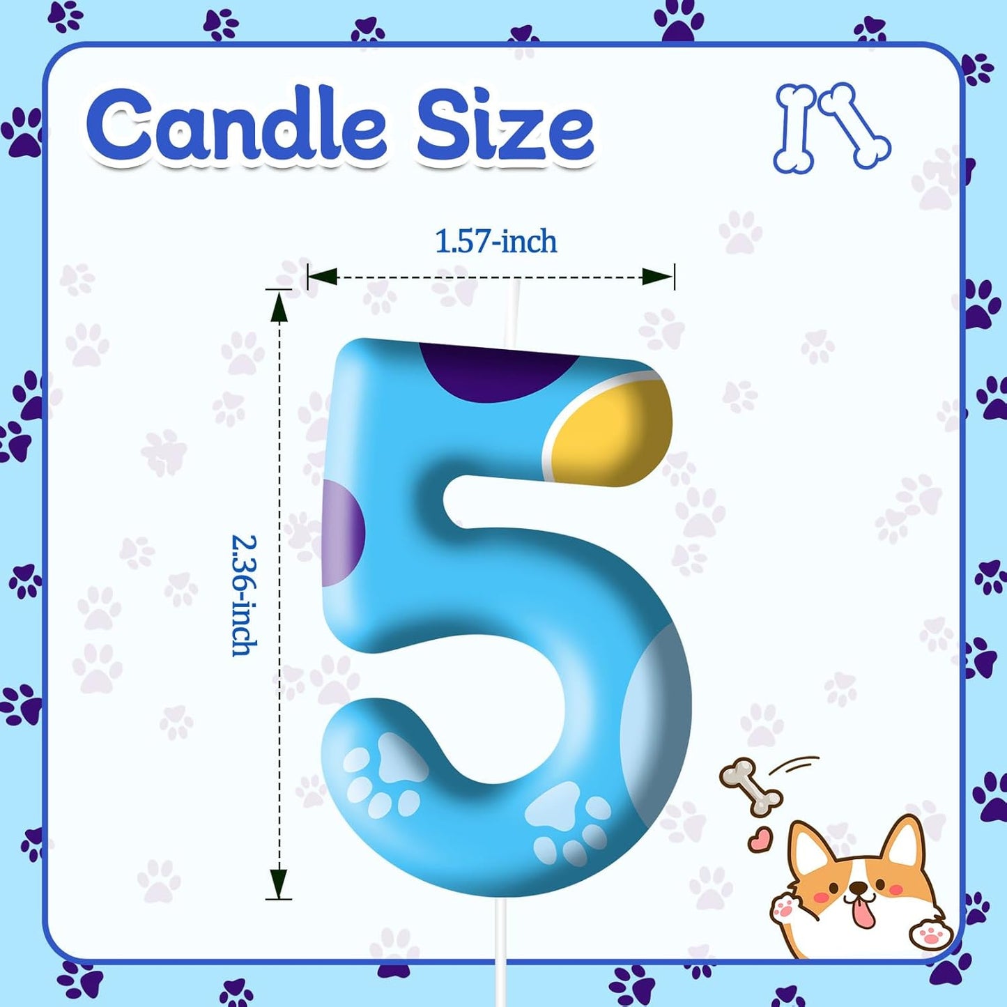 Blue Dog Paw Birthday Candles Cake Topper Numeral Birthday Candles for Boy Girl Dog Paw Decoration(Number 5)
