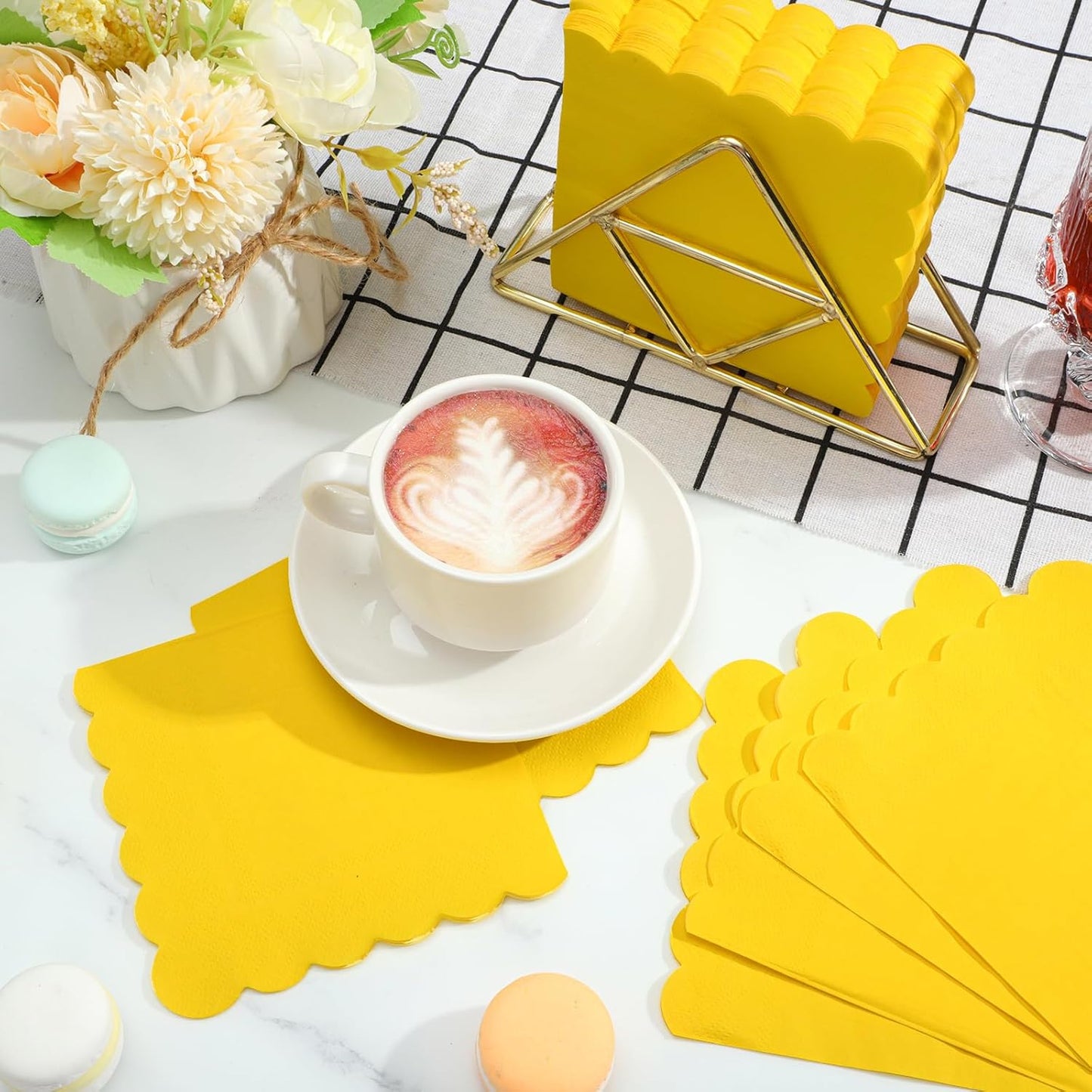 120 Pcs Yellow Cocktail Napkins Scalloped Picnic Napkins Disposable Lemon Dessert Beverage Napkins Spring Napkin for Birthday,Wedding