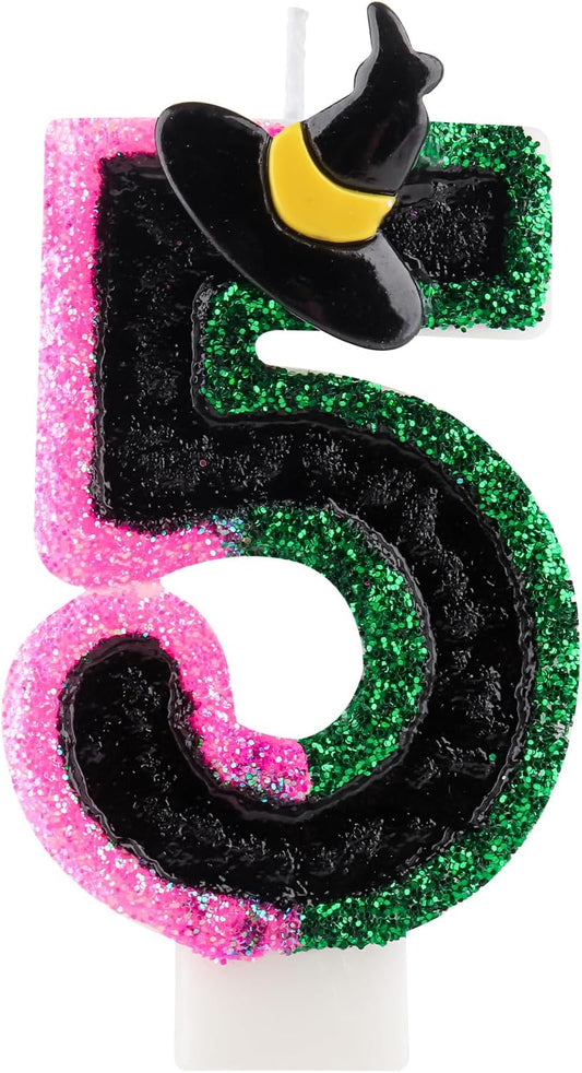 Pink Green Birthday Number 5 Candles for Cake, Pink Green Black Party Decorations, Witch Birthday Decorations for Girls