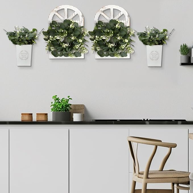 4 Sets 67 Pcs Farmhouse Wall Decor Set Rustic Window Frame Wall Decor with Eucalyptus Wreath and Metal Walls Planters Vintage Farmhouse Walls Art for Living Room Entryway(Arched)