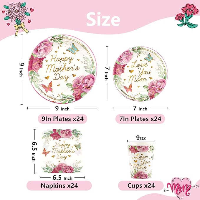 Mothers Day Decorations Happy Mother's Day Party Supplies Set for 24-Disposable Paper Plates, Napkins, Cups, Mother's Day Celebration Party Decor for Outside, Picnic