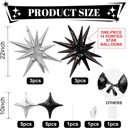 Black Silver Star Balloon,Black Silver 6Pcs 22Inch Explosion Star Balloons and 10Pcs 10Inch Four Angle Balloons Kit for Birthday Anniversary Baby Shower Wedding Party Decorations