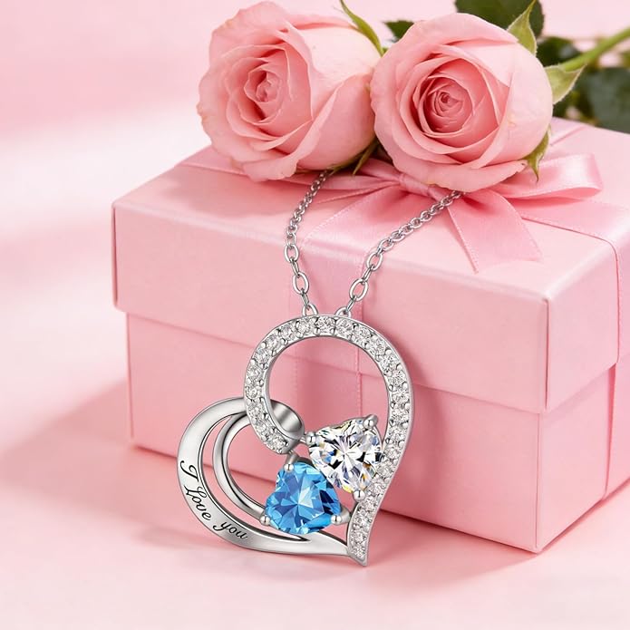 Double Birthstone Heart Necklace 0.8CT Dual-Gemstone S925 Sterling Silver Plated White Gold Engraved I Love You Perfect Anniversary/Valentine's Day Gift for Wife/Girlfriend/Mom/Daughter