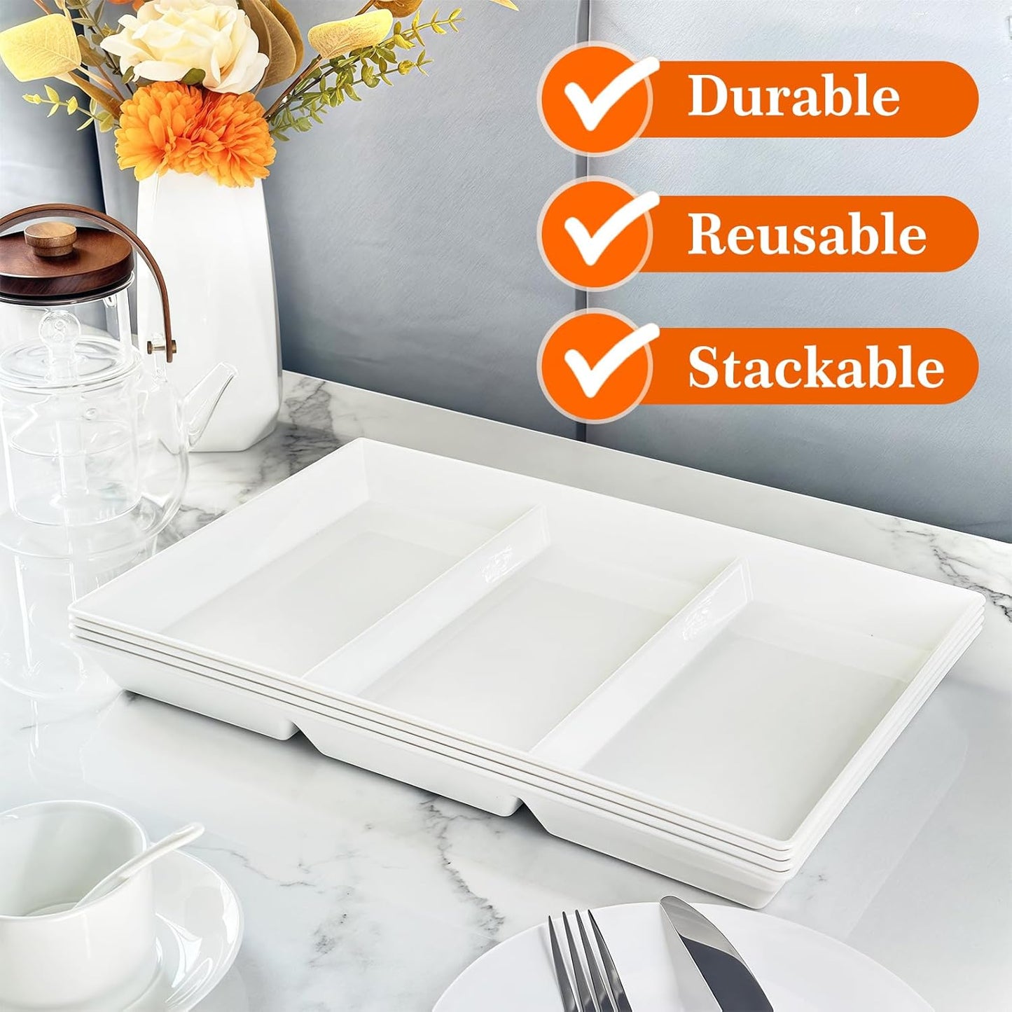Divided Serving Tray Platter, 2 Pack 15" x 10" Fruit Veggie Food Tray for Party, Plastic Serving Trays for Appetizer, Snack, Dessert, Cookie, Brunch Decorations Platters, White Trays BPA-Free