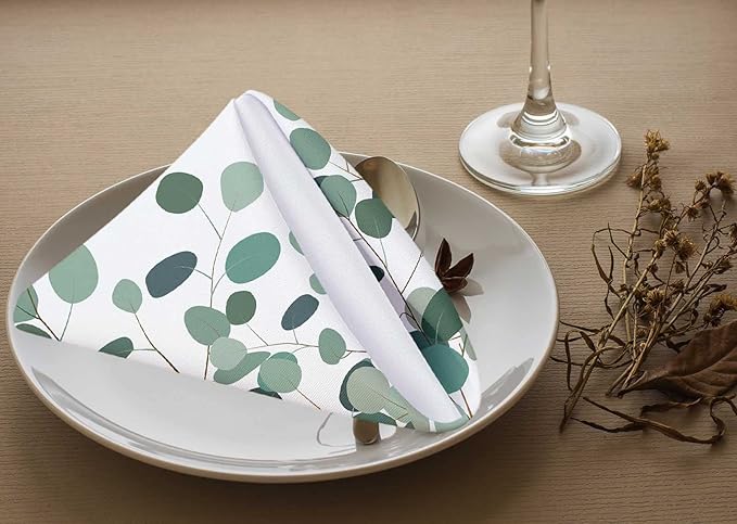 Yibeas Horizontal Eucalyptus Cloth Napkins Set of 4 Soft Floral Ornament with Silver Dollar Eucalyptus Branches Washable and Reusable Dinner Napkins for Weddings Parties 18 x 18 inch