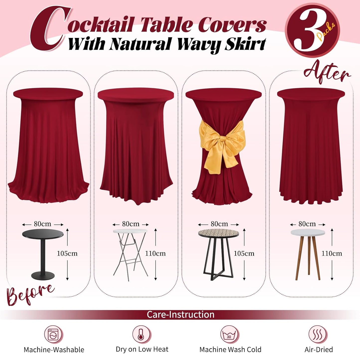 3 Packs Cocktail Table Covers Burgundy Round Bar Table Cloth Wine Red 32"x 43" Spandex Stretch High Top Table Covers with Wavy Drapes Fitted High Top Table Cloth for Party Wedding Banquet Bar Table