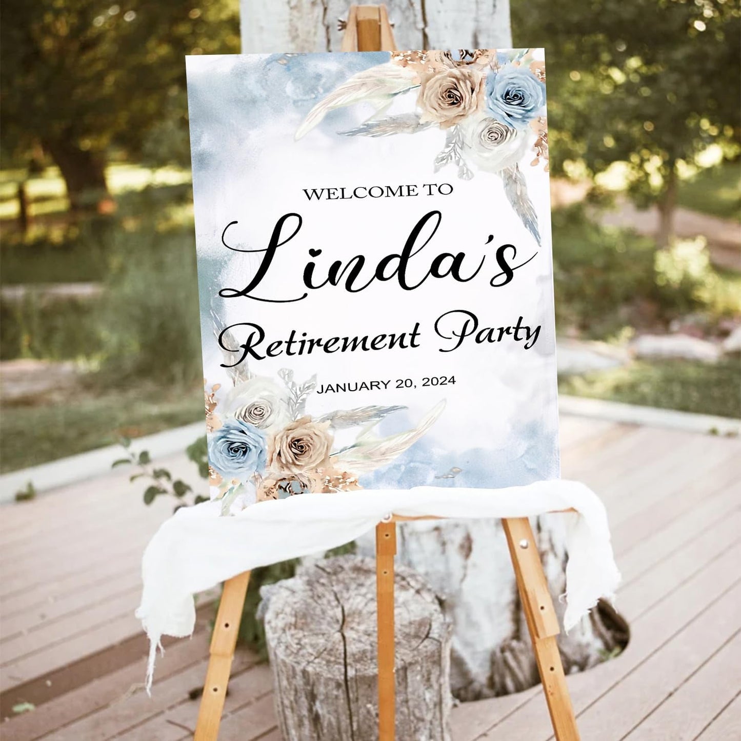 Boho Blue Retirement Welcome Sign - Floral Bridal Shower Decor, Outdoor Printed