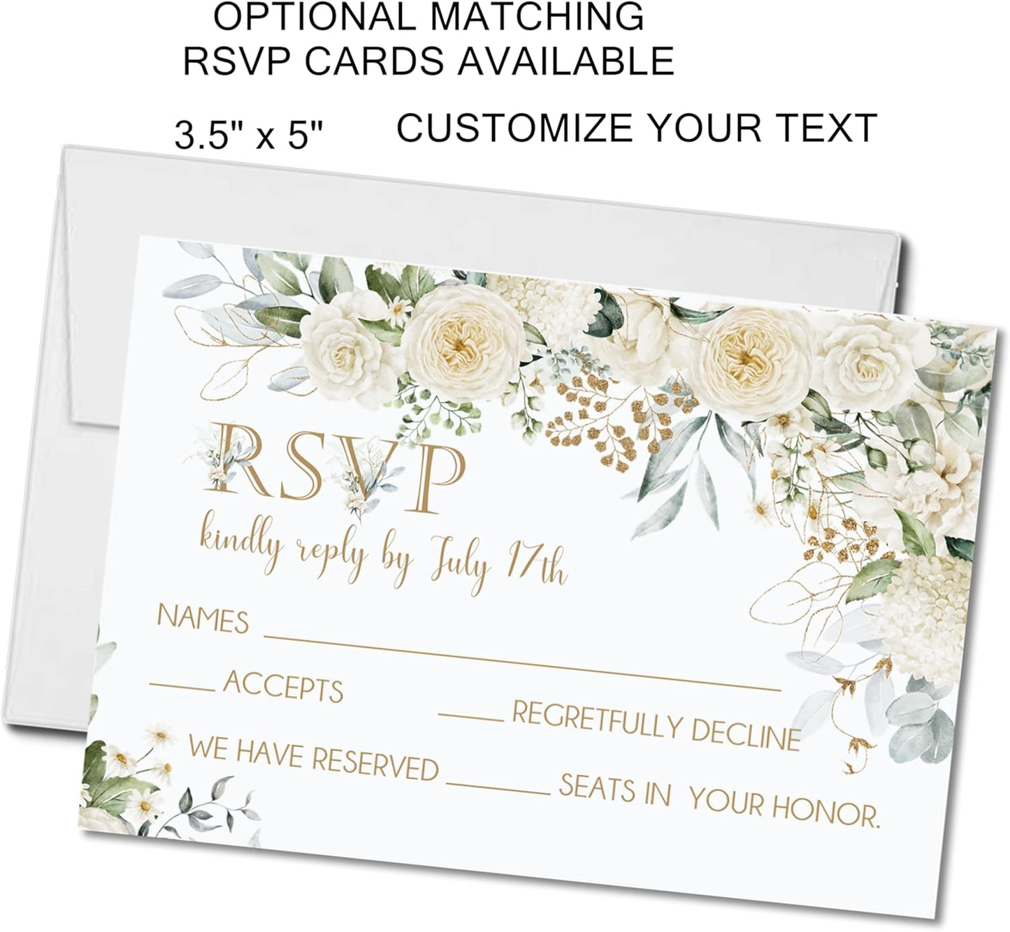 Green & White Wedding Invitations, Ivory Rose Garden, Personalized, Set of 12 Invitations with Envelopes