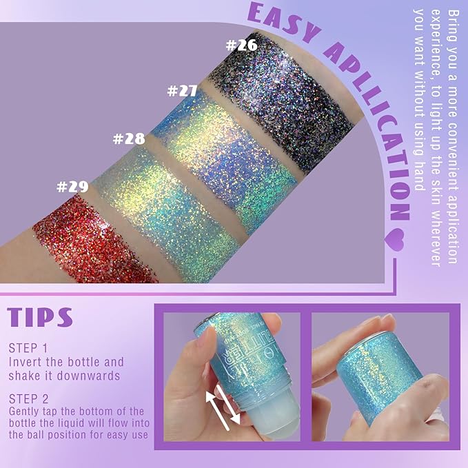 HOSAILY Roll-on Black Body Glitter Gel for Face Hair, Holographic Chameleon Color Changing Face Paint Glitter Halloween Cosplay SFX Makeup, Chunky Sequins Festival Shimmer Makeup for Women Kids