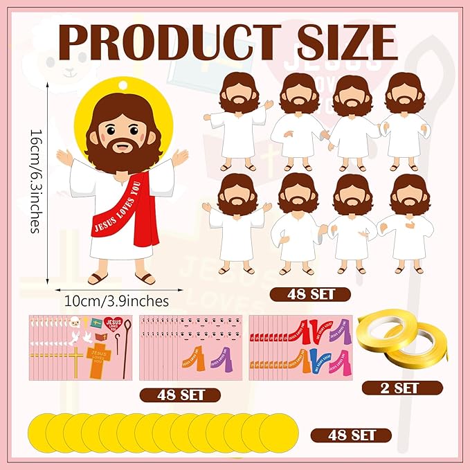 Frienda 48 Set Easter Jesus Loves You Craft Religious Craft Kit Make a Jesus Christian Ornament Stickers Bulk DIY Arts for Fun Easter Party Home Activities Decors