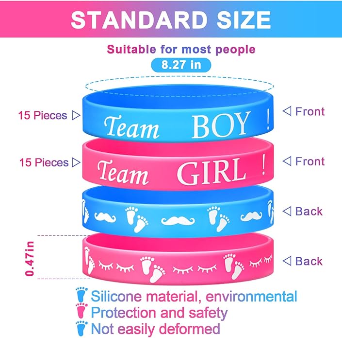 Jetec 60 Pieces Gender Reveal Bracelets, Team Boy Silicone Wristbands and Team Girl Rubber Bracelets for Gender Reveal Ideas Party Supplies Decorations