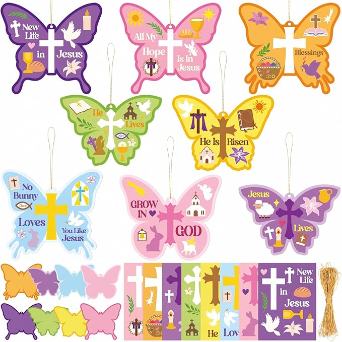 Frienda 48 Set Spring Butterfly Crafts Kit for Kids Christian Religious Butterfly Paper Craft with Stickers Sunday School DIY Kits Make Your Own Decor for Church Party VBS Classroom Activity