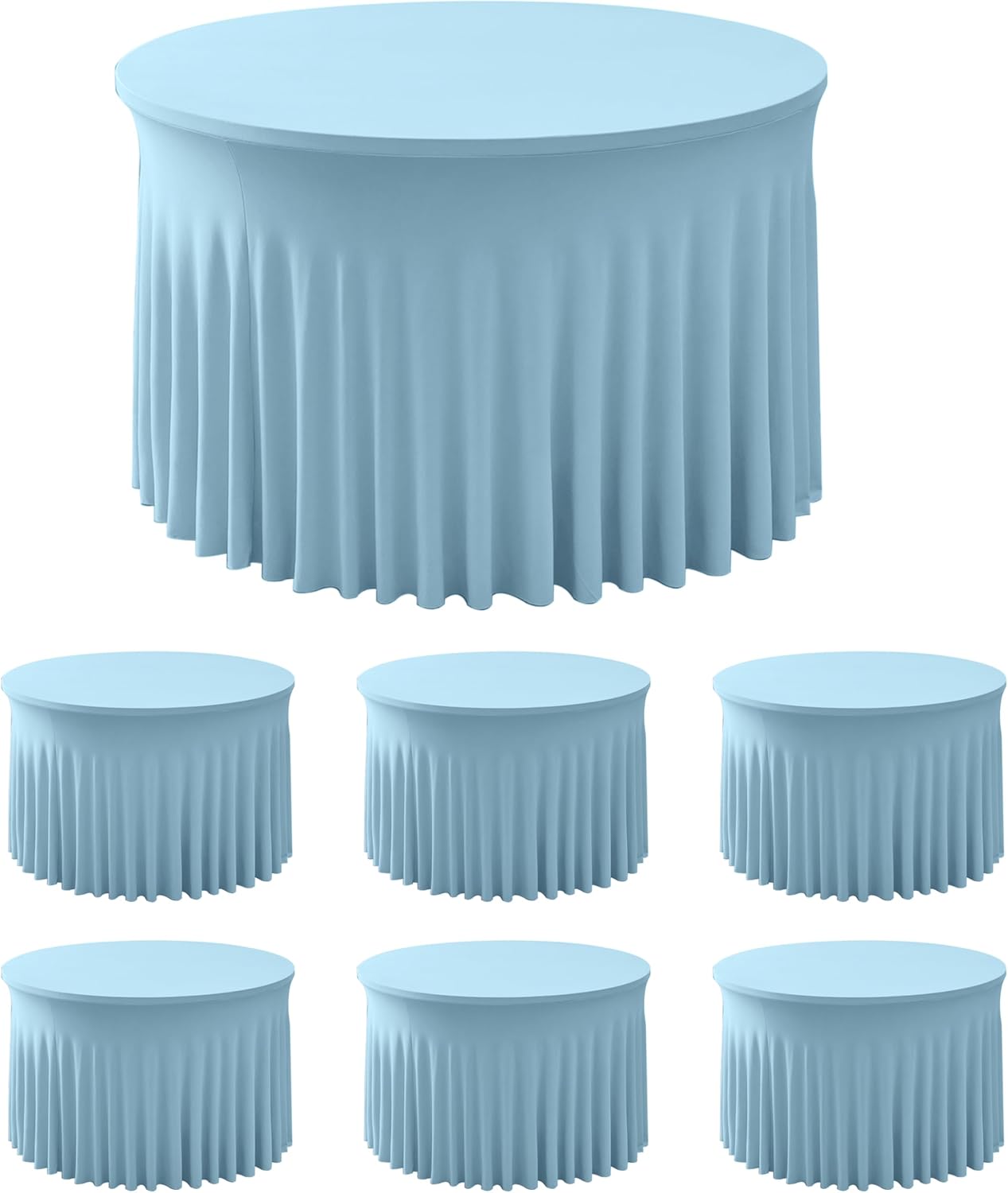 60 Inch Spandex Round Table Skirts ,Fitted Stretch Tablecloths for Round 5 ft Table, Wrinkle-Free Ruffle Design Tablecloths for Baby Shower, Banquets,Trade Shows, Parties, Events, Baby Blue,6 Pcs
