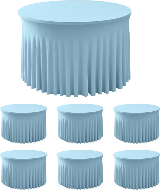 60 Inch Spandex Round Table Skirts ,Fitted Stretch Tablecloths for Round 5 ft Table, Wrinkle-Free Ruffle Design Tablecloths for Baby Shower, Banquets,Trade Shows, Parties, Events, Baby Blue,6 Pcs