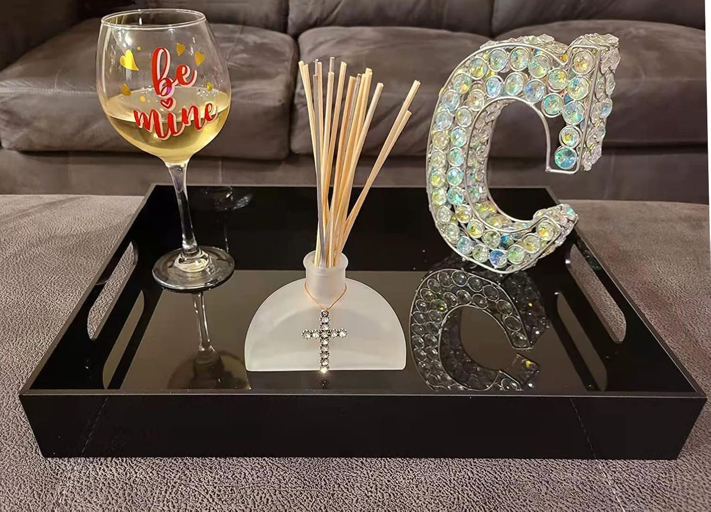 Acrylic Ottoman Tray with Handles - Remote Control Valet Tray, Black Nightstand Dresser or Bathroom Organizer - Spill Proof Square 12''x12'' (Black)