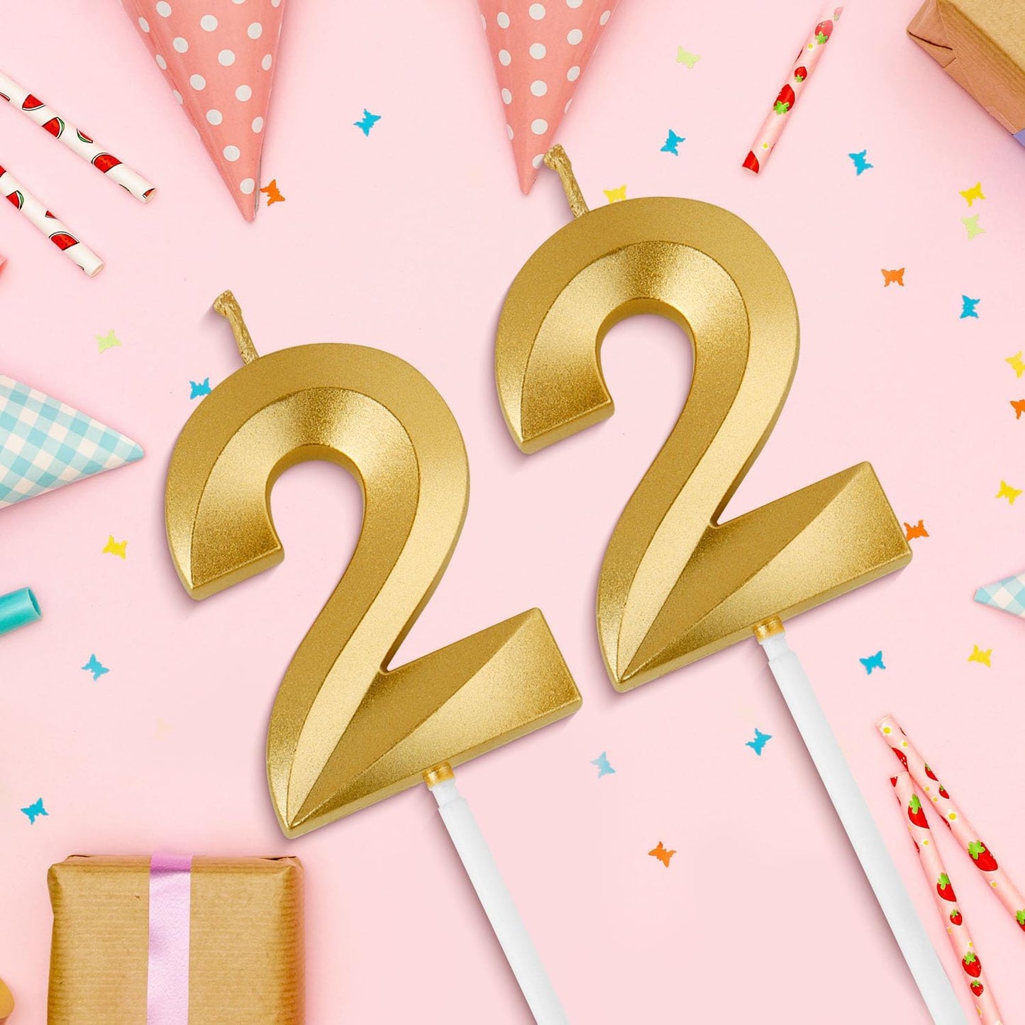 Birthday Candles, 1.96 Inch Number 22 Happy Birthday Candles, Number Candles Decoration for Birthday Party and Anniversary Celebration(Champagne Gold)