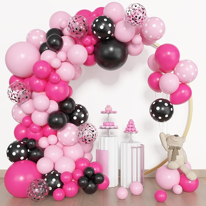 Amandir 153pcs Pink Black Balloon Garland Arch Kit, Different Sizes 18 12 10 5 inch Pink Black Latex Dot Confetti Balloons for Girl Cartoon Mouse Birthday Party Decoration