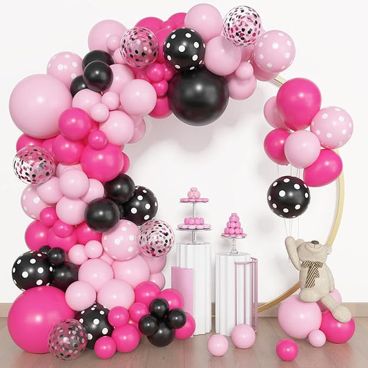 Amandir 153pcs Pink Black Balloon Garland Arch Kit, Different Sizes 18 12 10 5 inch Pink Black Latex Dot Confetti Balloons for Girl Cartoon Mouse Birthday Party Decoration