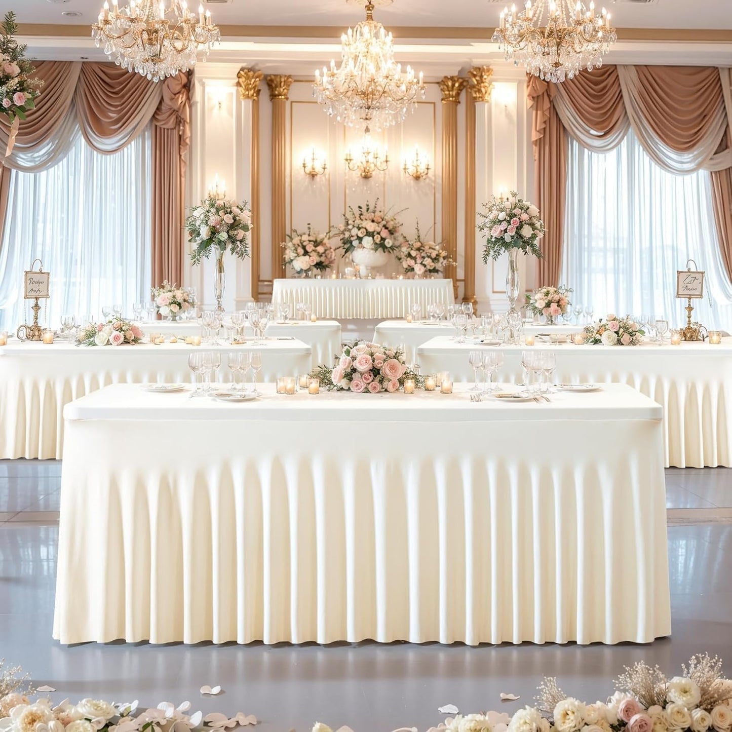 Besutolife 2 Pack Ivory Spandex Tablecloth for 8ft Rectangle Tables Fitted Table Cloth Stretch Table Covers Skirt 8ft Rectangular Tablecloths for Banquet Parties Wedding Decorations