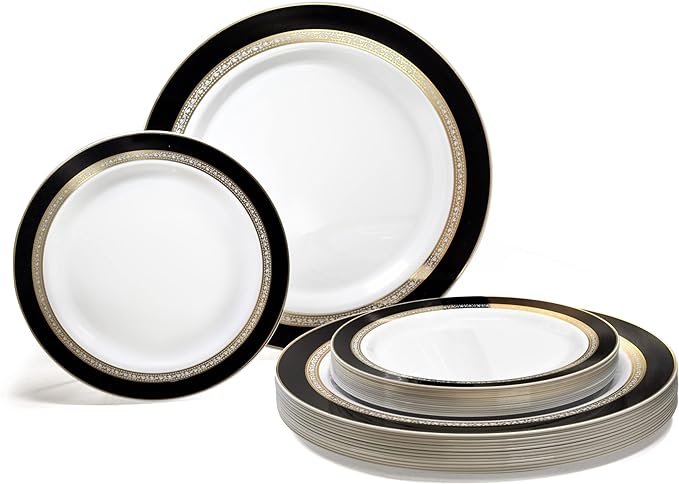 " OCCASIONS " 50 Plates Pack (25 Guests)-Heavyweight Wedding Party Disposable Plastic Plate Set -25 x 10.5'' Dinner + 25 x 7.5'' Salad/dessert plates (Ritz Black and Gold)
