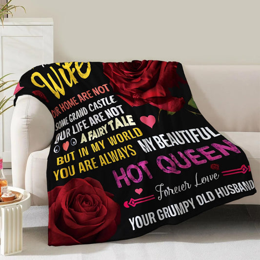 Gifts for Her Wife from Husband, To My Wife Rose Floral Romantic Birthday Wedding Anniversary Valentines Presents for Women Her, Soft Cozy Flannel Red Roses Flower Theme Throw Decor Couch Sofa 60"x50"
