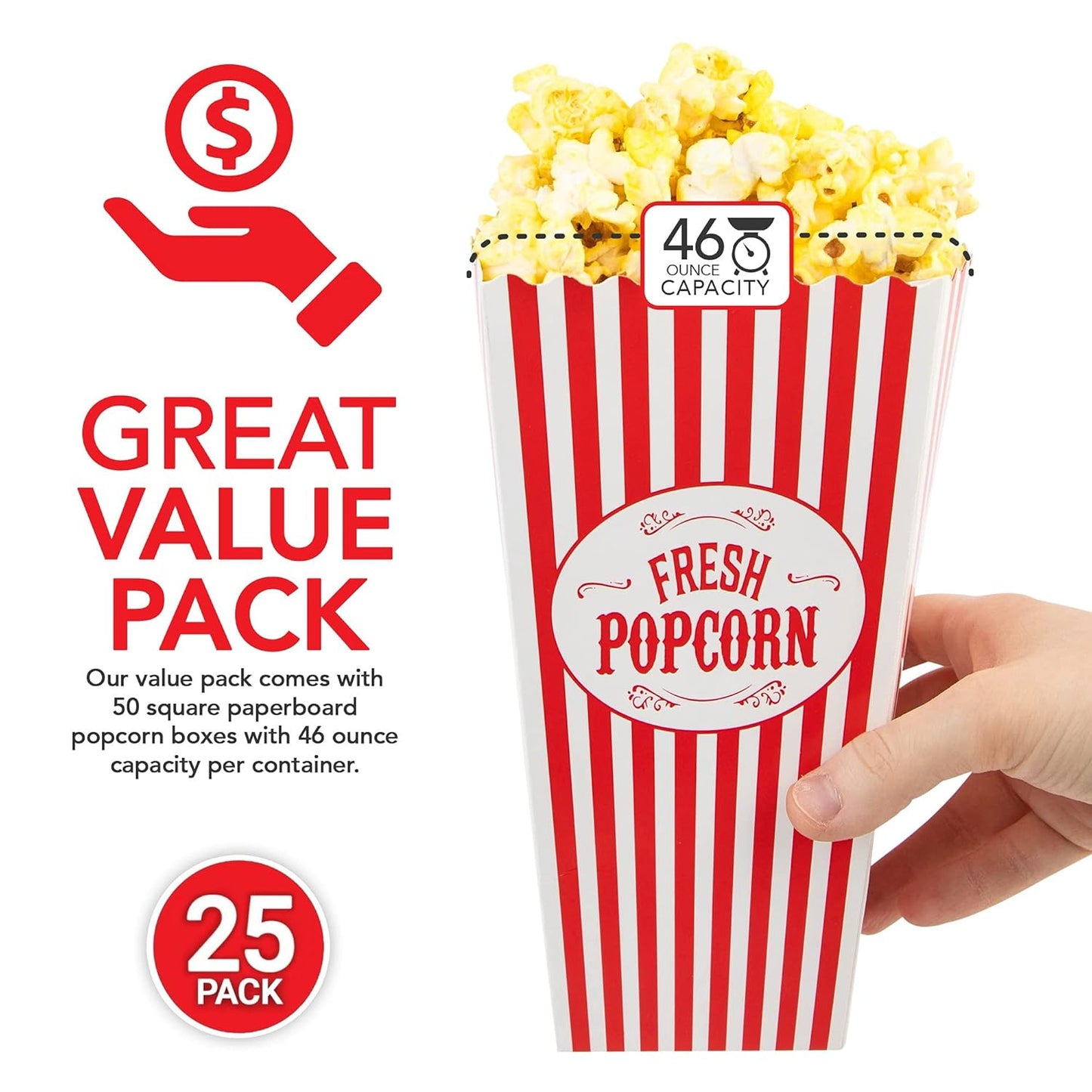 [25 Pack] Movie Theater Popcorn Boxes Disposable Red & White Striped - 46 oz Capacity - Vintage Snack Box Concession and Carnival Party Supplies, Individual Popcorn Bucket Containers