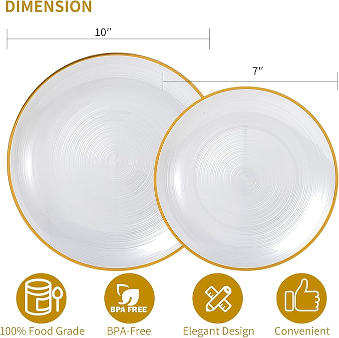 N9R 60PCS White Plastic Plates with Gold Rim, Elegant Disposable Plates, Circular Ribbed Design, 30 Dinner & 30 Dessert Plate for Parties, Weddings, Banquets, and Events (Translucent White)