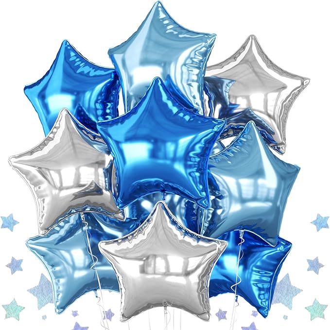 Blue Silver Star Foil Balloons, 10PCS Blue and Silver Foil Stars Shape Balloons, 18 Inch Metallic Stars Balloon for Helium Pentagram Balloon for Boys Men Birthday, Anniversary Party Decorations