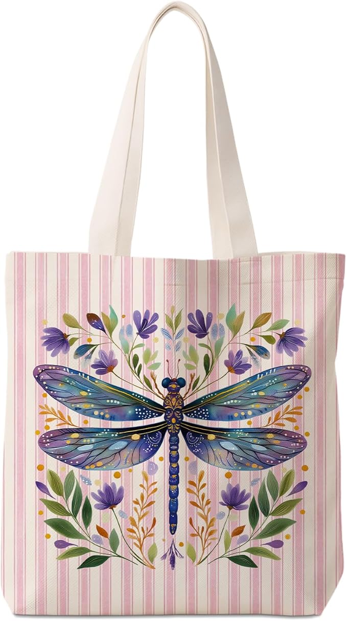 Purple Dragonfly Floral Tote Bag for Women,Dragonfly Canvas Tote Bag for Girls,Purple and White Striped Farmhouse Botanical Aesthetic Reusable Shopping Grocery Bags Party Favors