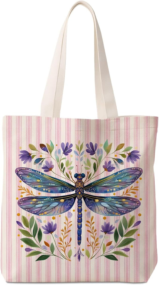 Purple Dragonfly Floral Tote Bag for Women,Dragonfly Canvas Tote Bag for Girls,Purple and White Striped Farmhouse Botanical Aesthetic Reusable Shopping Grocery Bags Party Favors