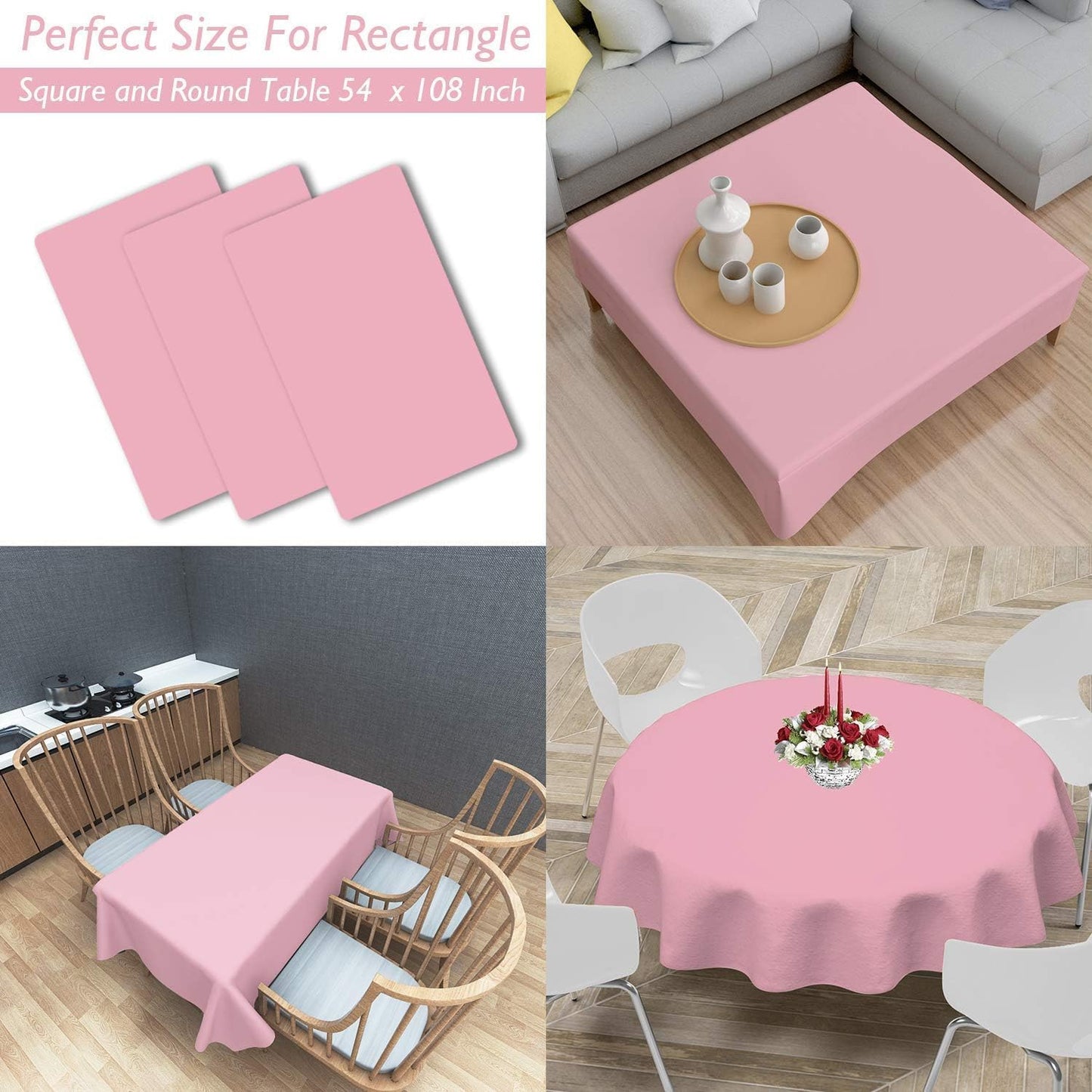 Childom 3 Pack Plastic Tablecloths for Rectangle Tables 54" x 108" Pink Disposable Table Cloths for 6 to 8 Foot Tables Indoor or Outdoor Parties Birthday Wedding Christmas Anniversary Buffet Table