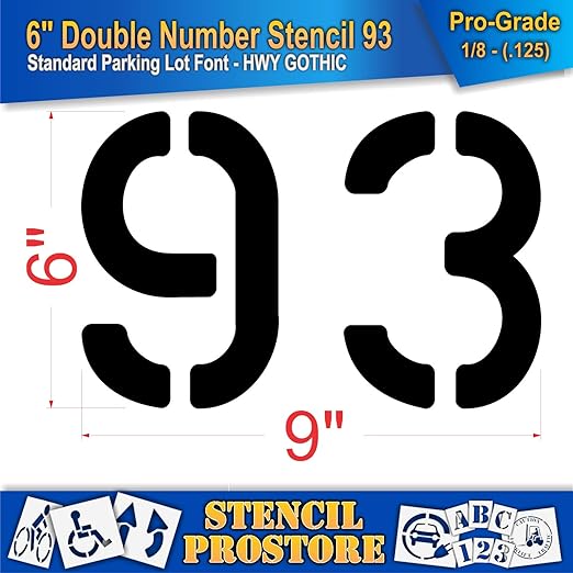 Pavement, Curb, and WheelStop Stencils - 6 inch Double Number Stencil - (93) - 6" x 9" x 1/8" (128 mil) - Pro-Grade