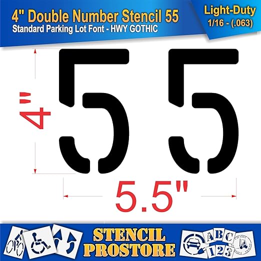 Pavement, Curb, and WheelStop Stencils - 4 inch Double Number Stencil - (55) - 4" x 5.5" x 1/16" (63 mil) - Light-Duty