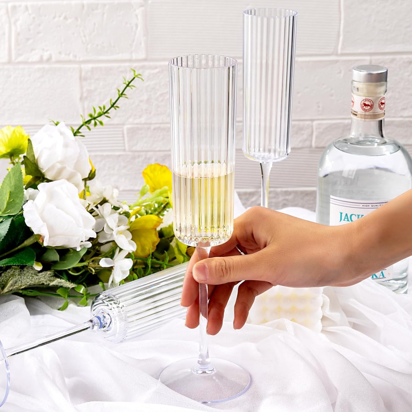 36 Pack Clear Plastic Champagne Flutes - 6oz Ribbed Disposable Champagne Glasses - Clear Vintage Mimosa Glasses with Long Stem - Elegant Sparkling Wine Stemware for Weddings, Parties