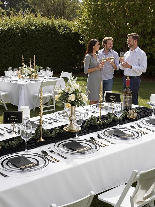 WDF 25 Pack Black Charger Plates - Clear Charges with Black Trim - 12inch Disposable Chargers Plates for Graduation Wedding Party Birthday Dinner