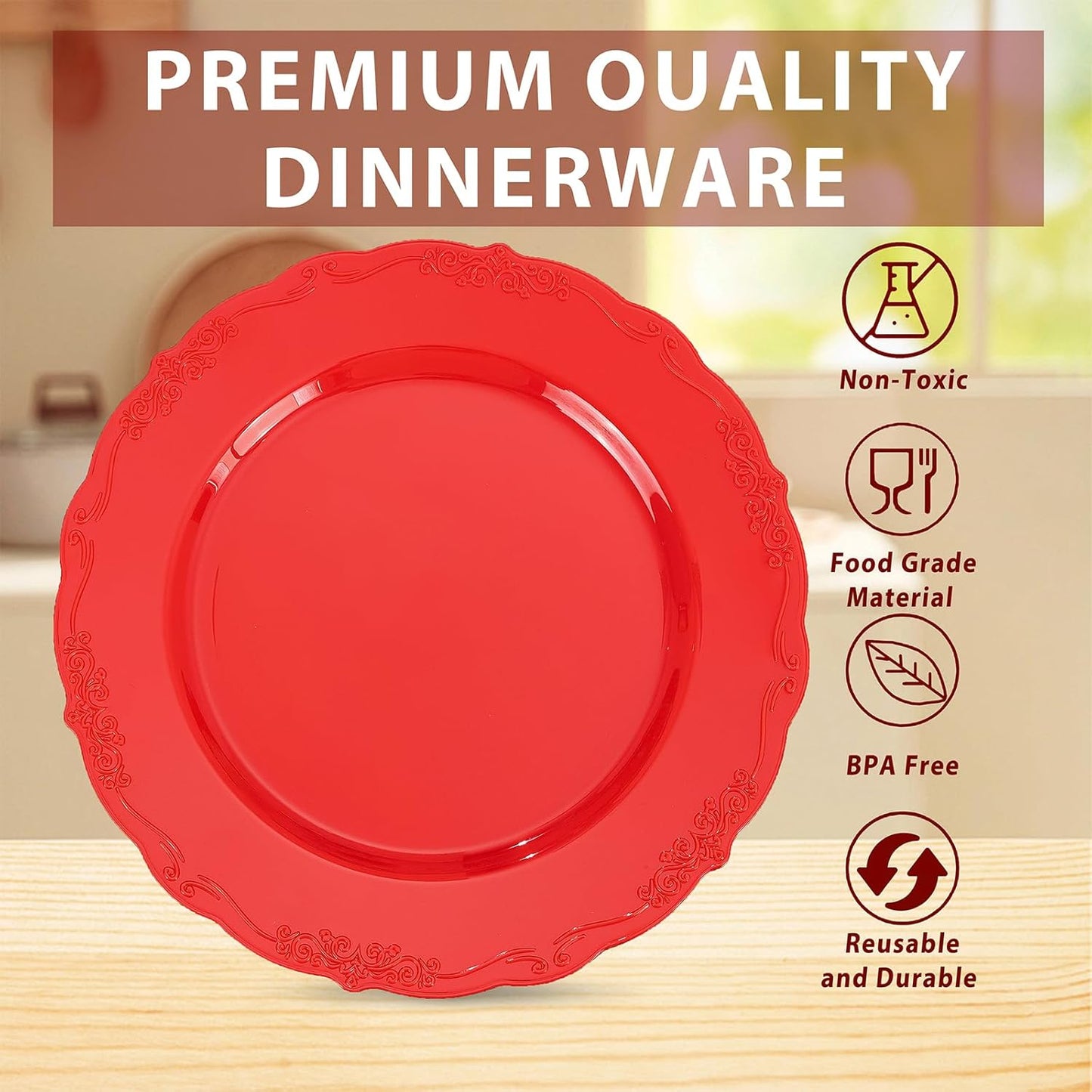 U-QE 100PCS Red Plastic Plates - Heavy Duty Plastic Disposable Party Supplies Include 50PCS 10" Dinner Plates and 50PCS 7.5" Dessert/Salad Plates for Party, Wedding