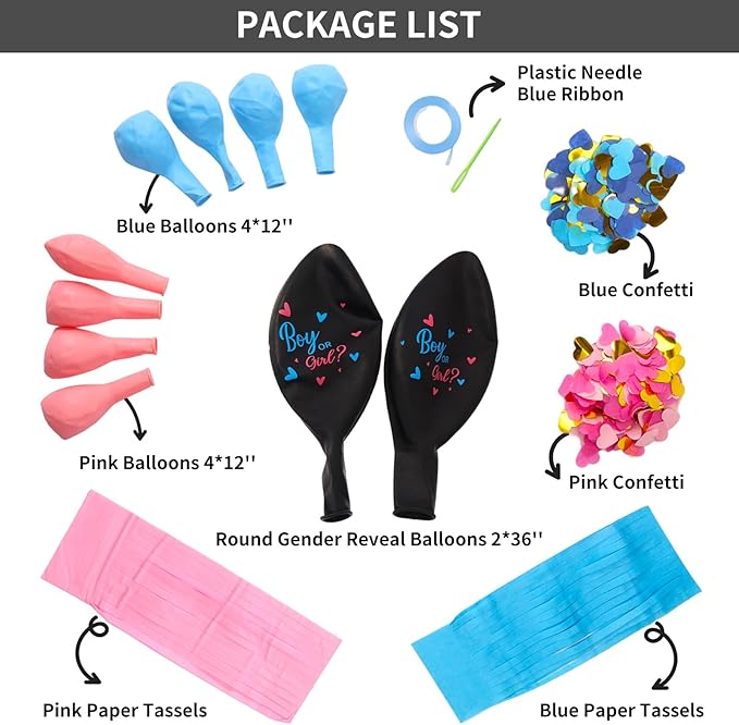 RUBFAC Gender Reveal Balloon Kit, 2pcs 36" Jumbo Black Baby Boy or Girl Balloons with Heart Shaped Paper Confetti, Blue Pink Balloons and Tassels for Baby Shower Gender Reveal Party
