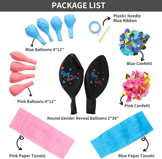 RUBFAC Gender Reveal Balloon Kit, 2pcs 36" Jumbo Black Baby Boy or Girl Balloons with Heart Shaped Paper Confetti, Blue Pink Balloons and Tassels for Baby Shower Gender Reveal Party