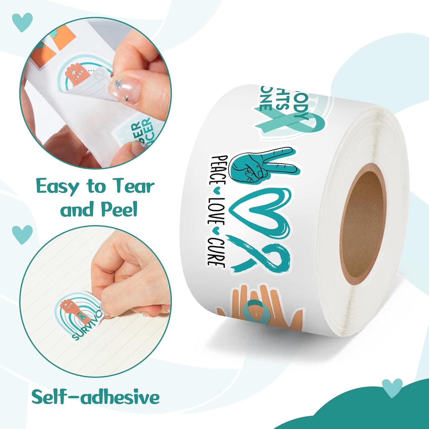 1000pcs Ovarian Cancer Awareness Sticker Rolls (2 Rolls), Teal Ribbon Shaped Sexual Assault Awareness Survivor Stickers Decorative Decals, Self-Adhesive Stickers for Scrapbooks Event Gifts