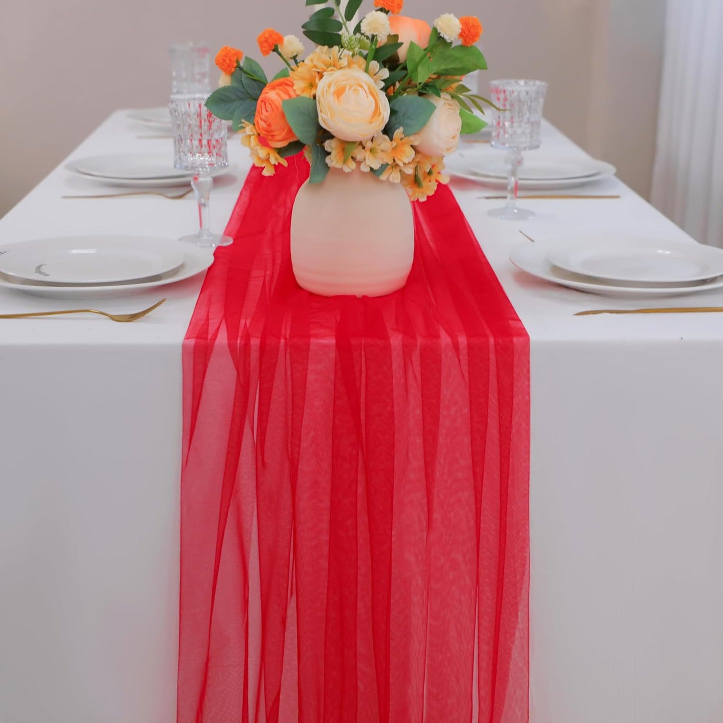 Snowkingdom Red Table Runner, 10FT Sheer Tulle Cheesecloth Gauze Table Runner, Boho Rustic Vintage Cheese Cloth for Christmas Wedding Party Bridal Baby Shower Long Table Decorations 120 inch