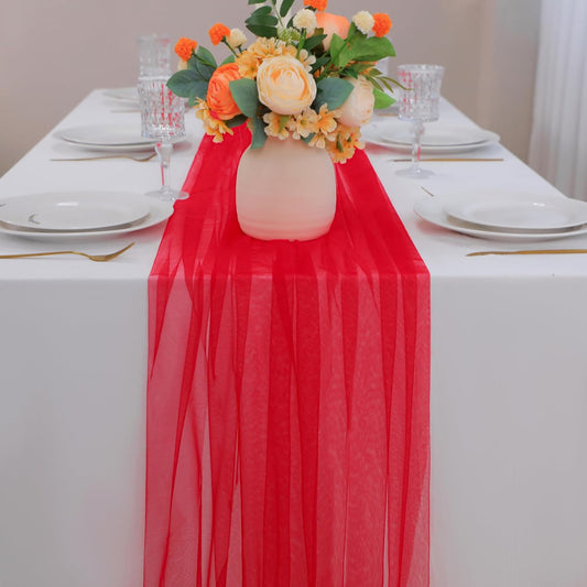 Snowkingdom Red Table Runner, 10FT Sheer Tulle Cheesecloth Gauze Table Runner, Boho Rustic Vintage Cheese Cloth for Christmas Wedding Party Bridal Baby Shower Long Table Decorations 120 inch