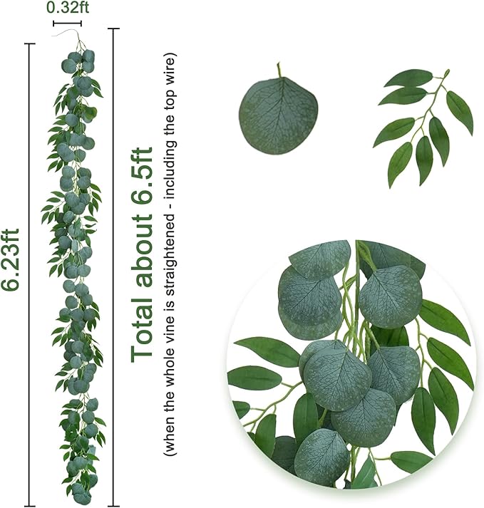 Greentime 2 Pack Greenery Garland Each 6.5 FT Artificial Eucalyptus Garland for DIY Wreath Vine Wedding Arch Stairs Decor