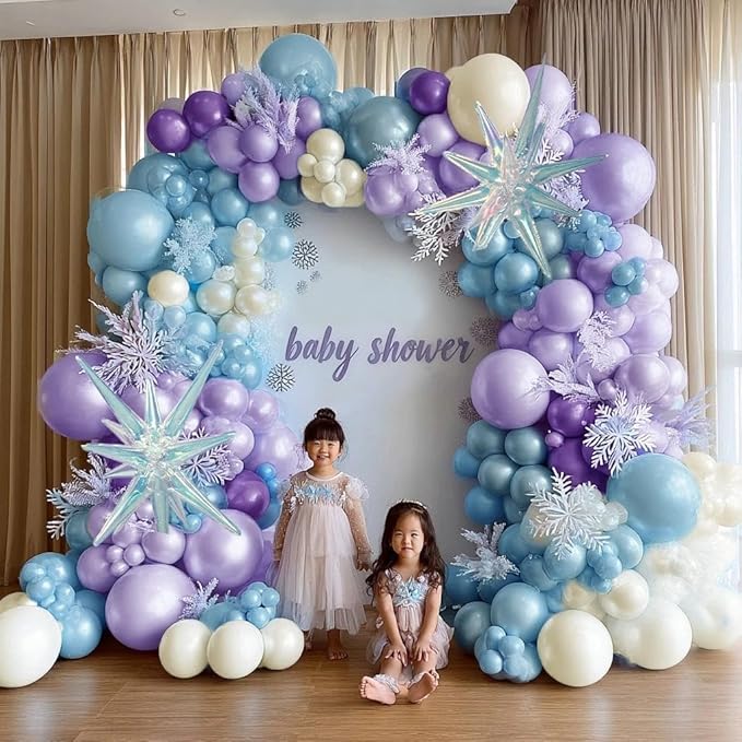 Frozen Balloon Garland Arch Kit, Double Stuffed Purple Blue White Pearl Balloons with Iridescent Star Foils for Birthday Christmas Baby Shower Frozen Wedding Winter Party Decorations