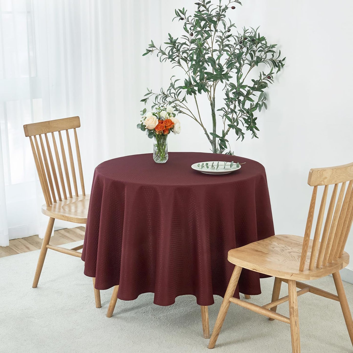 maxmill Round Weaved Texture Design Tablecloth Spill-Proof Wrinkle Free Soft Washable Table Cloth for Circular Table Cover, for Dining Room Buffet Banquet Parties Holiday Dinner, 90 Inch Burgundy